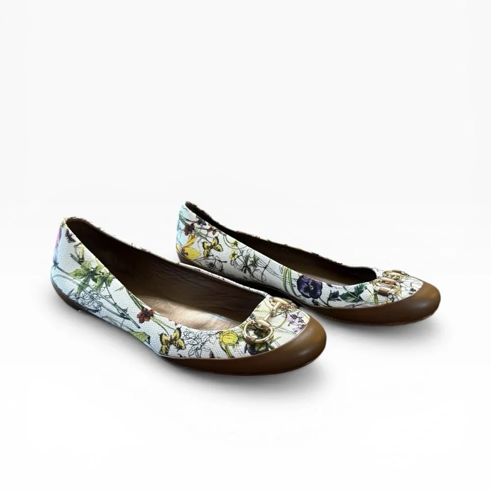 Gucci Flora Canvas Horsebit Ballet Flats White/Multicolor Floral EU 37 US 7
